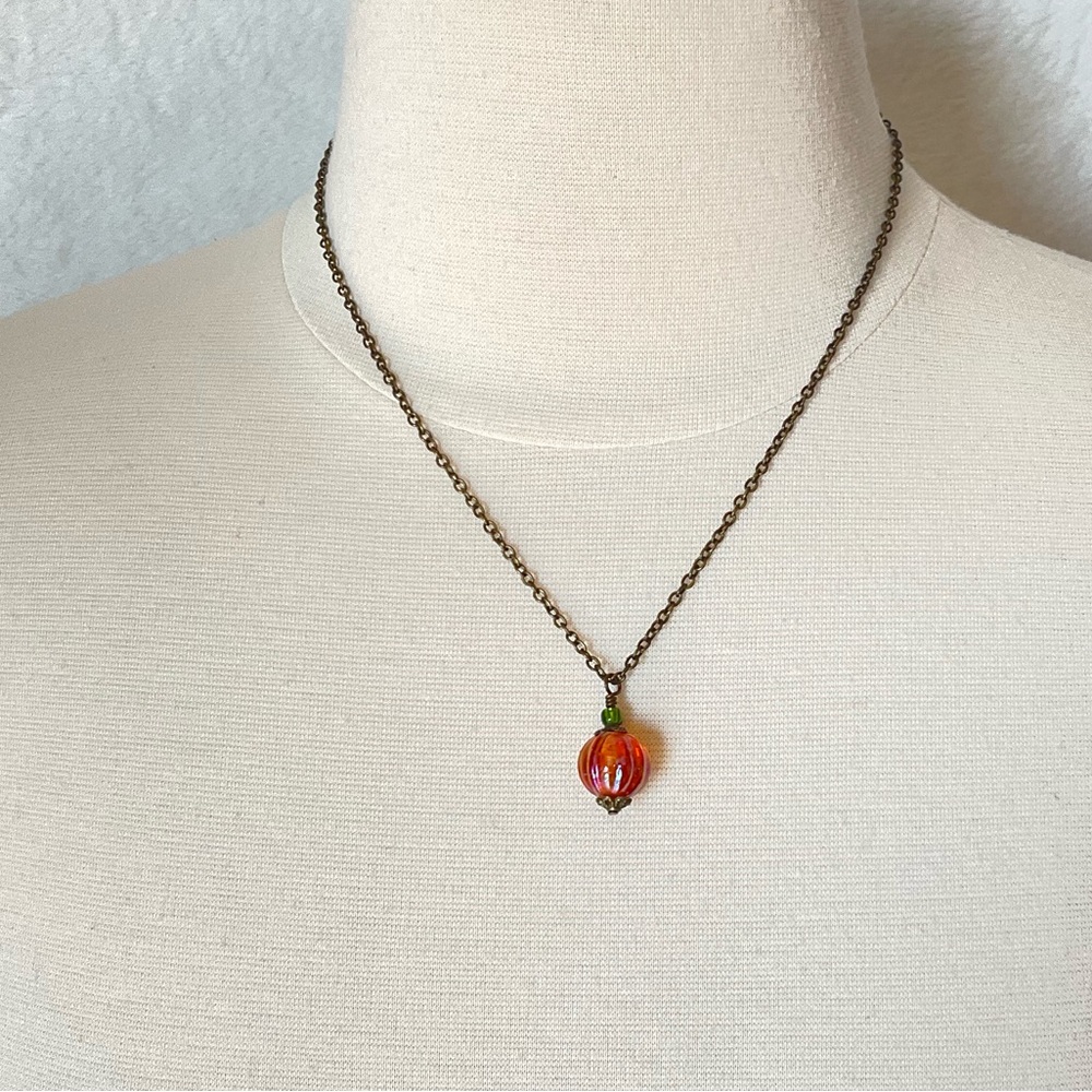 Host Pick! New Pumpkin Necklace, Handmade, Iridescent Orange & Olive Green - Picture 9 of 11
